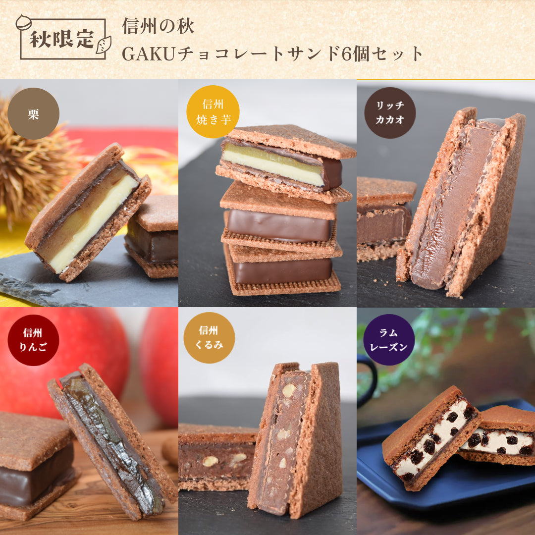 【信州の秋】GAKUチョコレートサンド6個セット（リッチカカオ・信州くるみ・信州りんご・ラムレーズン・信州焼き芋・栗 各1個入）