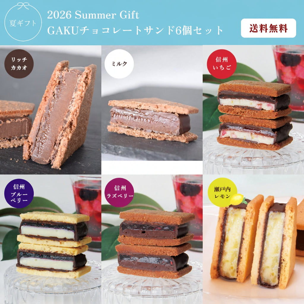 【送料無料】GAKUチョコレートサンド6個セット（リッチカカオ・ミルク・信州いちご・信州ブルーベリー・信州ラズベリー・瀬戸内レモン）