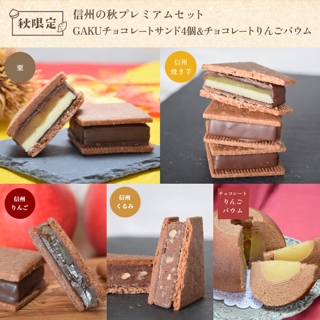 【信州の秋プレミアムセット】GAKUチョコレートサンド 4個（信州くるみ・信州りんご・栗・信州焼き芋 各1個）＋ GAKUチョコレートりんごバウム