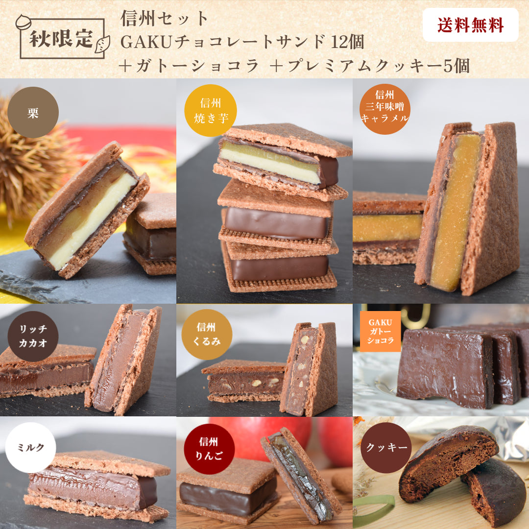 【送料無料】【信州セット】GAKUチョコレートサンド 12個（リッチカカオ・ミルク各1個・信州くるみ・信州りんご・信州三年味噌キャラメル・栗・信州焼き芋 各2個） ＋ガトーショコラ ＋プレミアムクッキー5個入