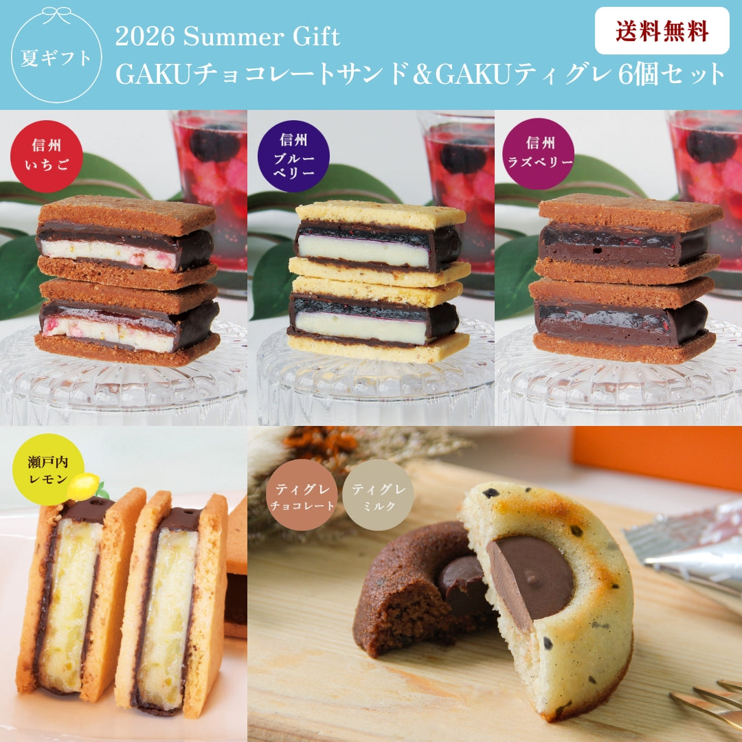 【SummerGift 2026】【送料無料】GAKUチョコレートサンド4個（信州いちご・信州ブルーベリー・信州ラズベリー・瀬戸内レモン）＆GAKUティグレ（チョコレート・ミルク）
