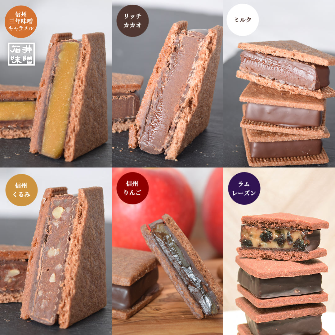 GAKUチョコレートサンド6個セット（リッチカカオ・ミルク・信州くるみ・信州りんご・ラムレーズン・信州三年味噌キャラメル）