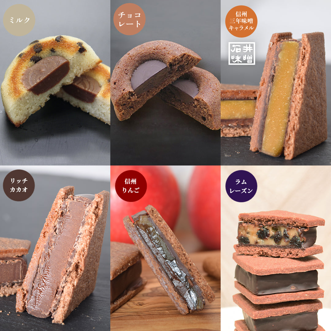 【焼菓子バラエティ6個セット】GAKUチョコレートサンド4個（リッチカカオ・信州りんご・ラムレーズン・信州三年味噌キャラメル） &ティグレ2個（チョコ・ミルク各1個）