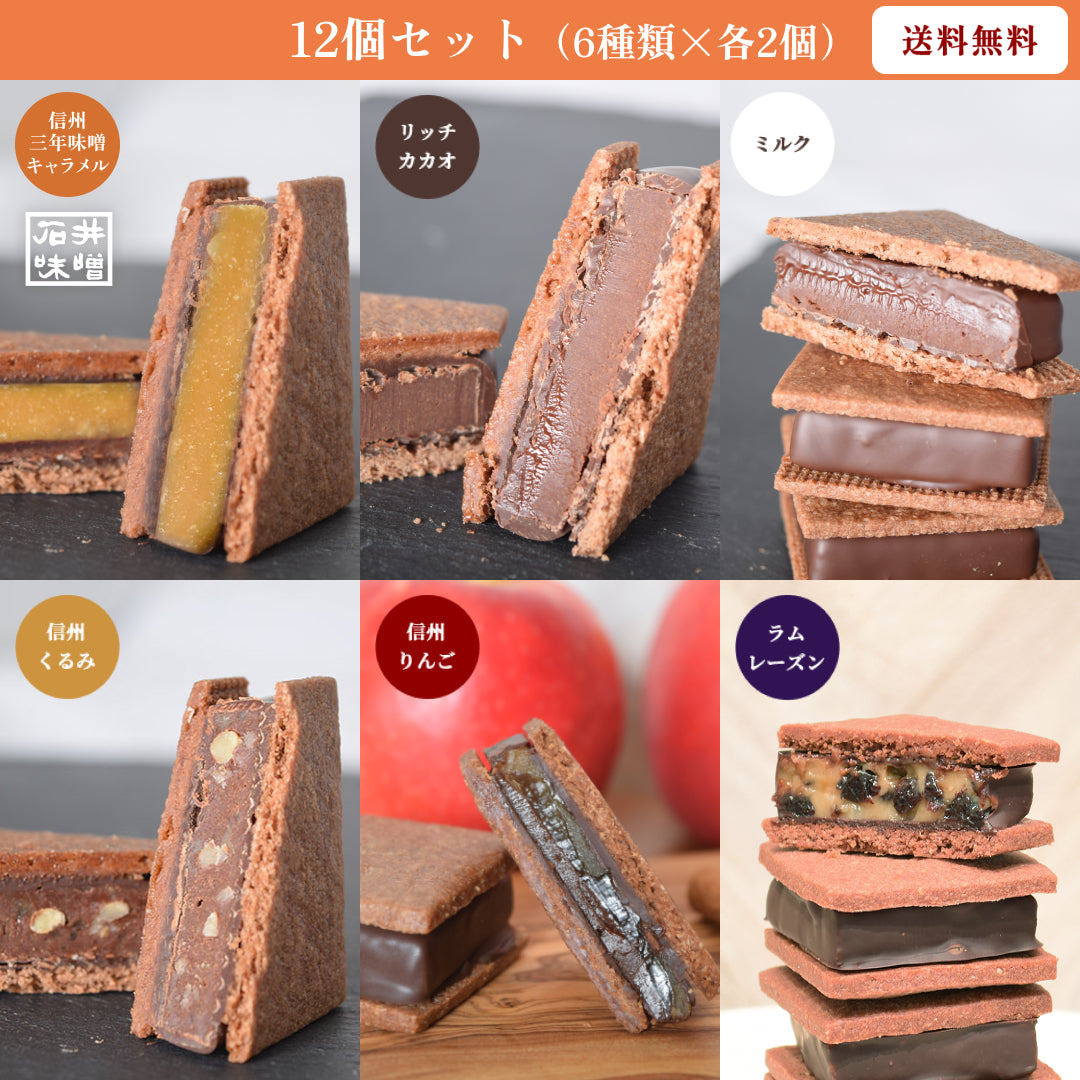 【送料無料】GAKUチョコレートサンド12個セット（リッチカカオ・ミルク・信州くるみ・信州りんご・ラムレーズン・信州三年味噌キャラメル各2個）