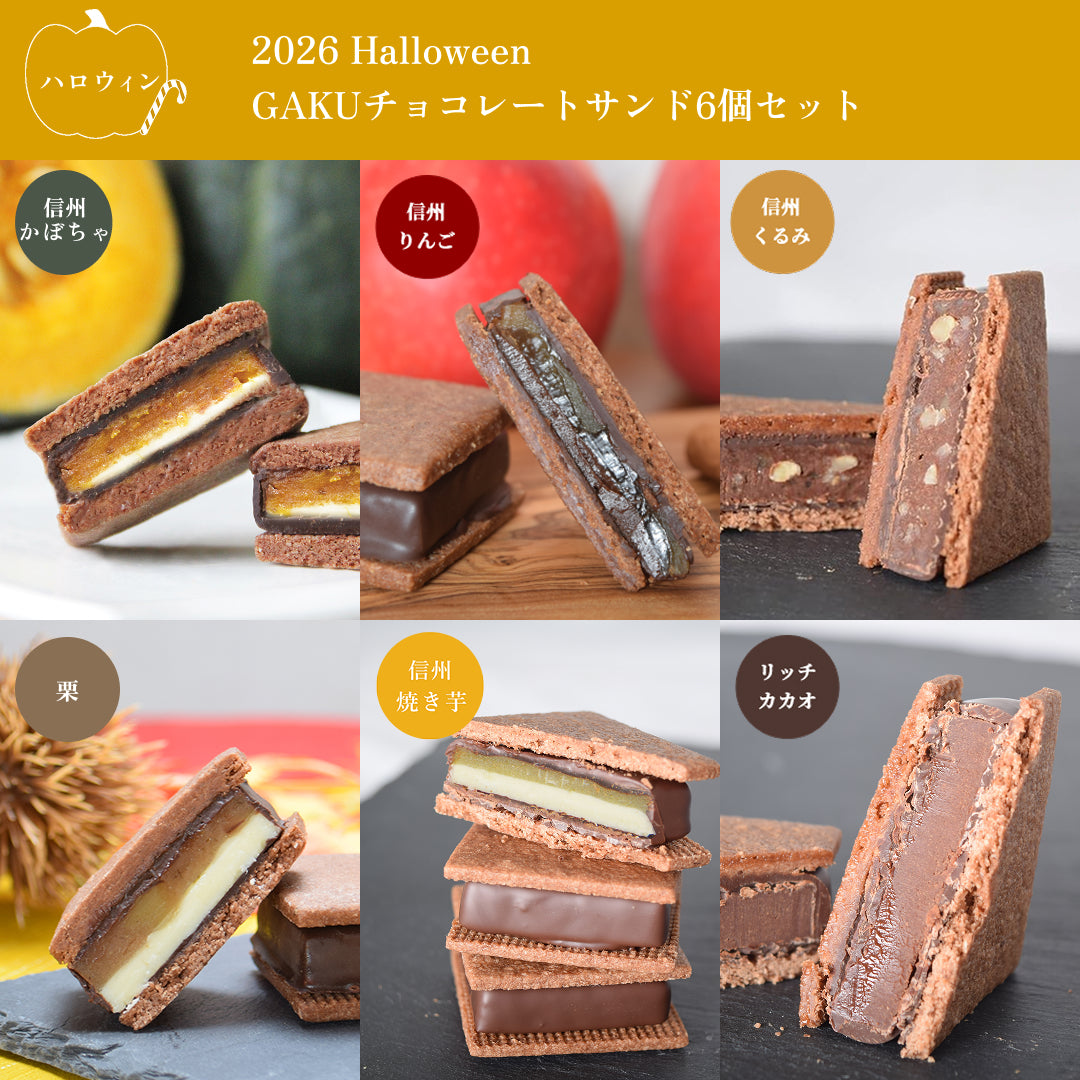 【ハロウィンセット】GAKUチョコレートサンド6個セット（リッチカカオ・信州くるみ・信州りんご・栗・信州焼き芋・信州かぼちゃ）