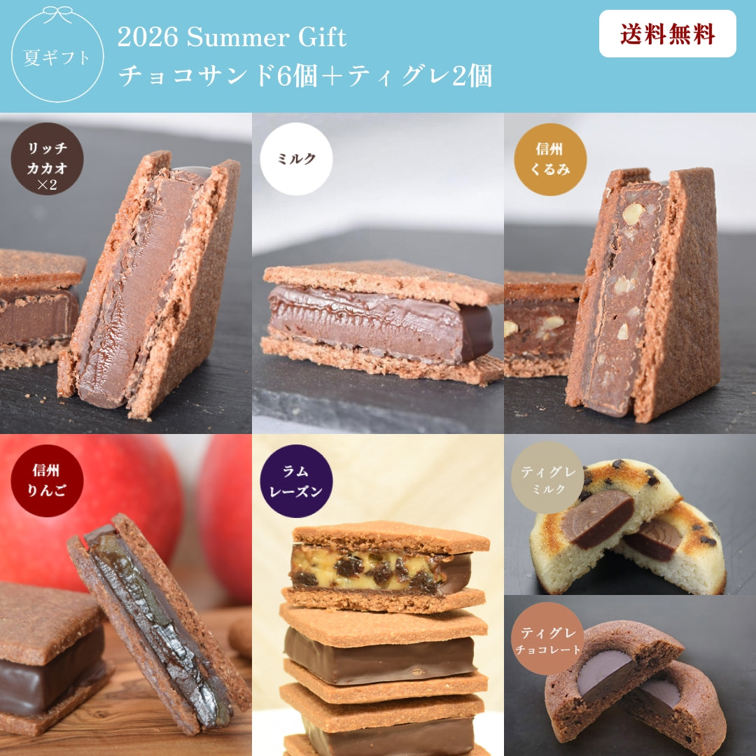 【お中元ギフト2026】【送料無料】GAKUチョコレートサンド6個（リッチカカオ2・ミルク・信州くるみ・信州りんご・ラムレーズン）&ティグレ2個（チョコ・ミルク）