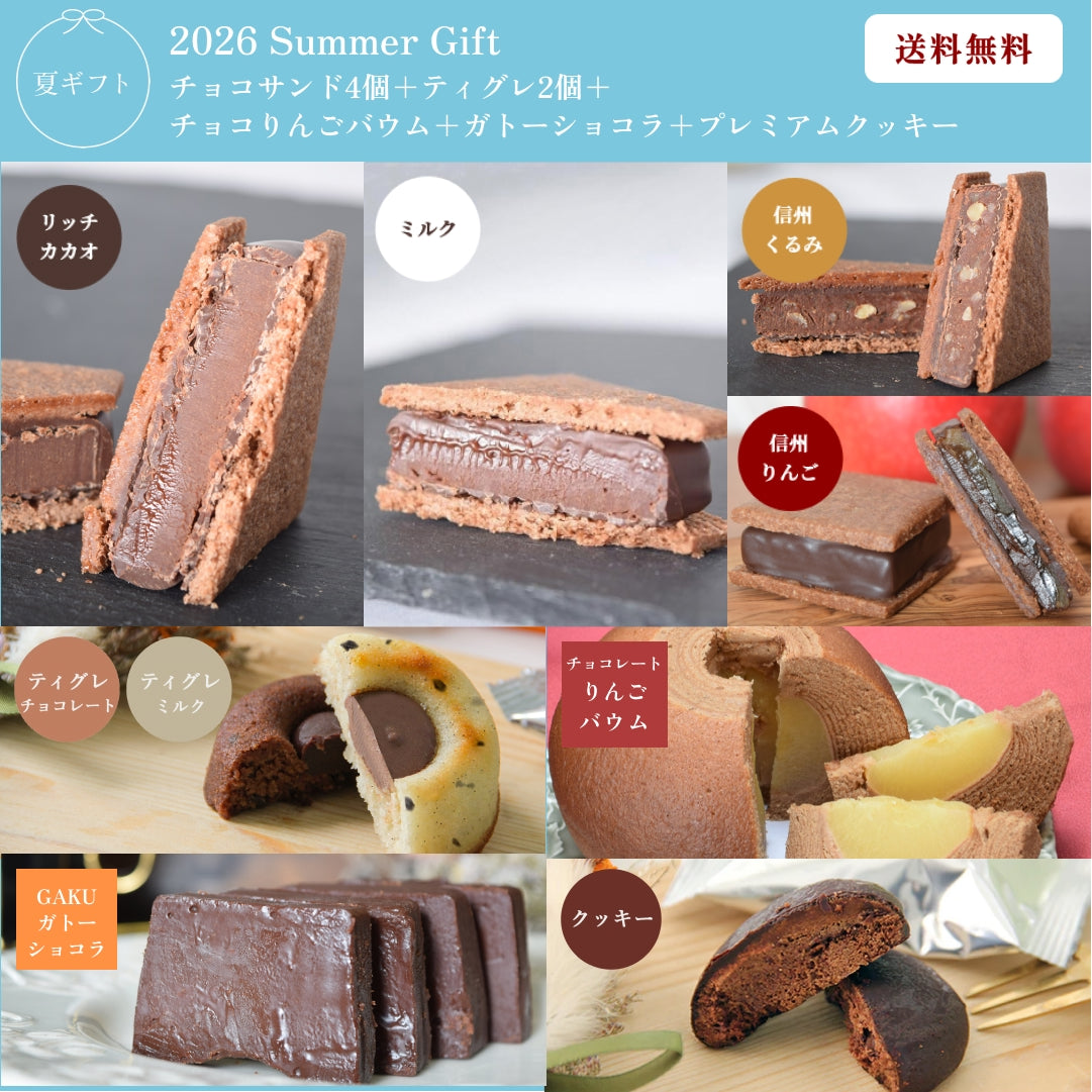 【お中元ギフトバラエティ2026】【送料無料】GAKUチョコレートサンド4個（リッチカカオ・ミルク・信州くるみ・信州りんご）&ティグレ2個（チョコ・ミルク）＆チョコレートりんごバウム＆ガトーショコラ＆プレミアムクッキー10個