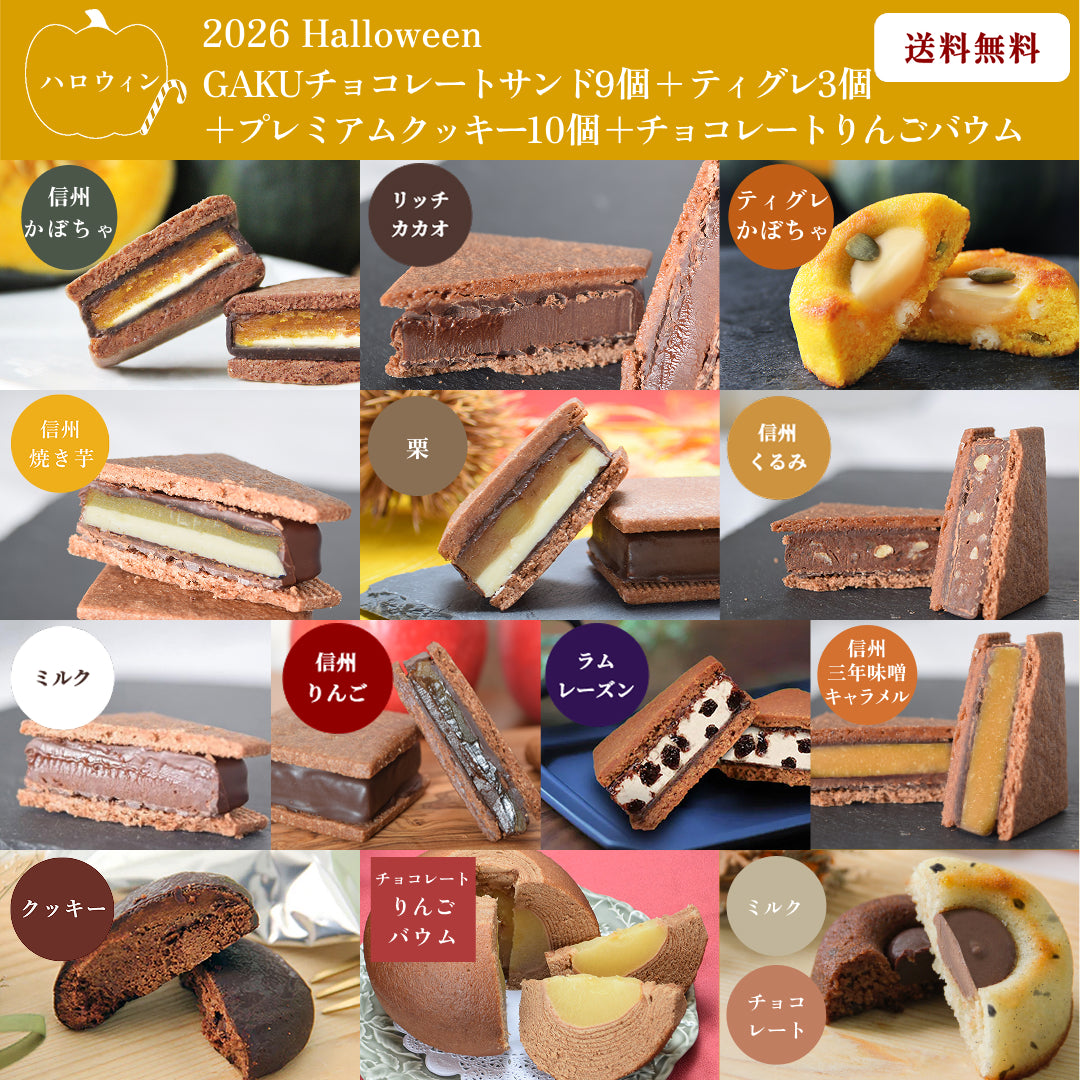 【送料無料】【ハロウィンパーティセット】GAKUチョコレートサンド 9個（リッチカカオ・ミルク・信州くるみ・信州りんご・ラムレーズン・信州三年味噌キャラメル・栗・信州焼き芋・信州かぼちゃ）＆GAKUティグレ 3個（チョコ・ミルク・かぼちゃ） ＆プレミアムクッキー10個＆チョコレートりんごバウム