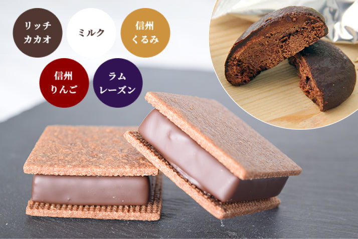 【焼菓子バラエティ】チョコサンド6個（リッチカカオ２個・ミルク・信州くるみ・信州りんご・ラムレーズン各1個）＆GAKUプレミアムクッキー10個入