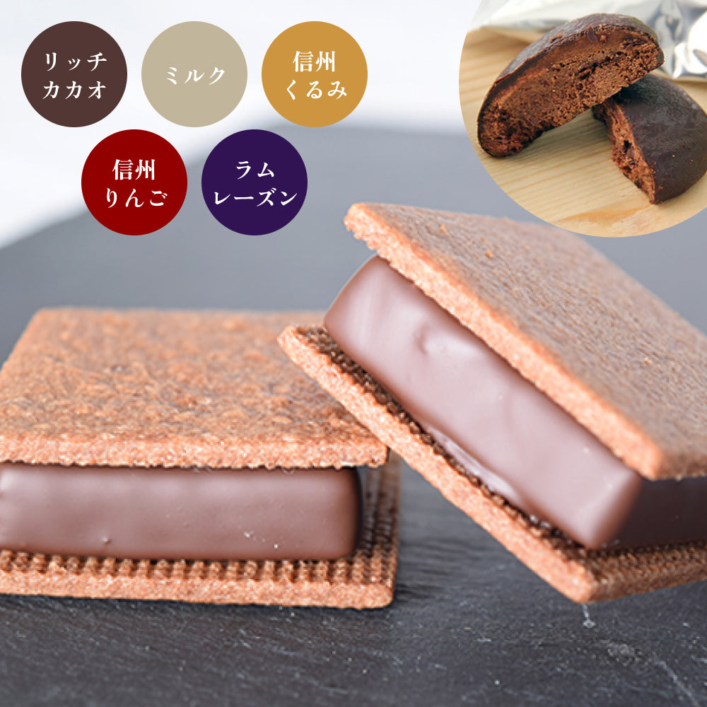 【焼菓子バラエティ】チョコサンド6個（リッチカカオ２個・ミルク・信州くるみ・信州りんご・ラムレーズン各1個）＆GAKUプレミアムクッキー10個入
