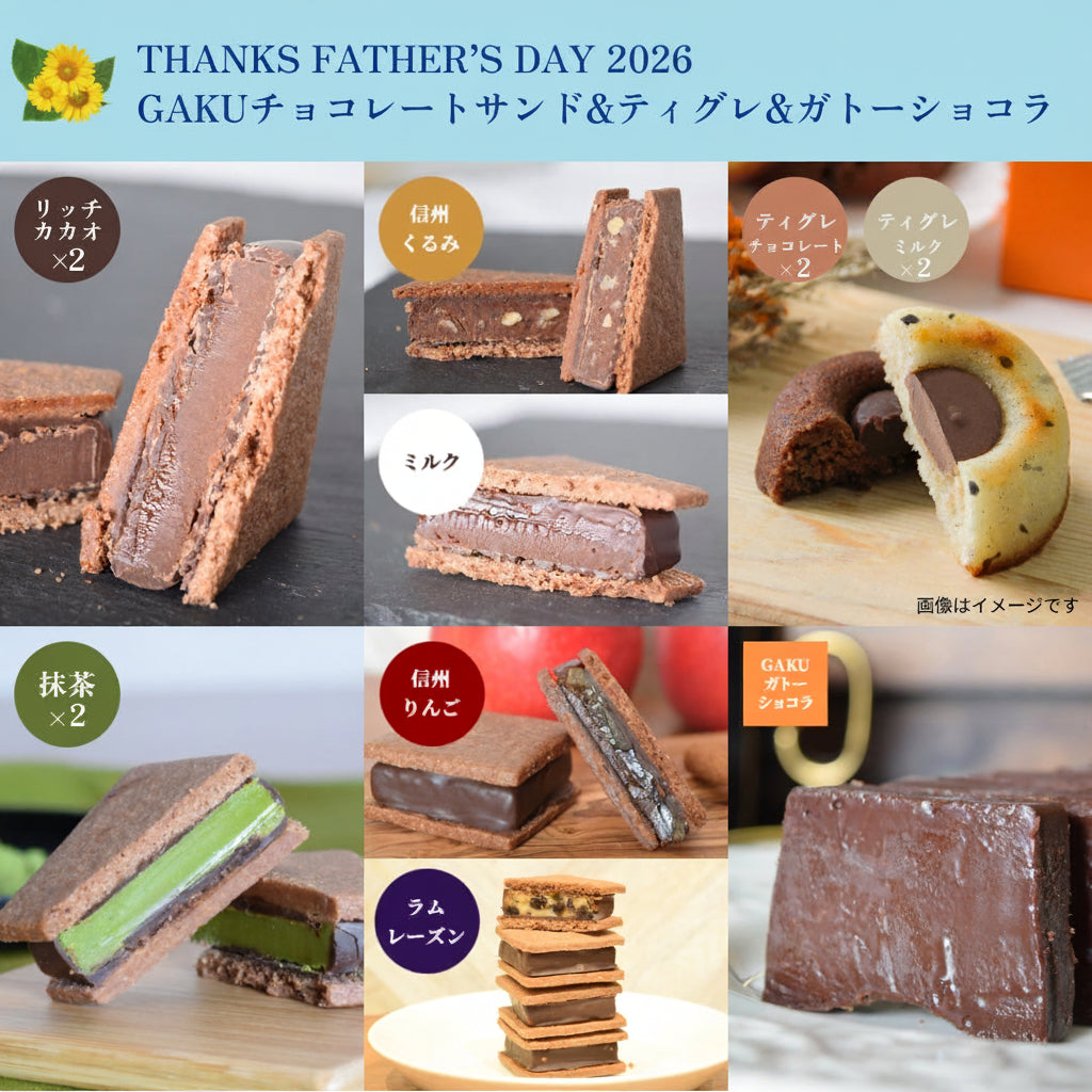 【送料無料】【父の日ギフト2026】GAKUチョコレートサンド8個（抹茶2・リッチカカオ2・ミルク・信州くるみ・信州りんご・ラムレーズン）&ティグレ4個（チョコ2・ミルク2）&ガトーショコラ