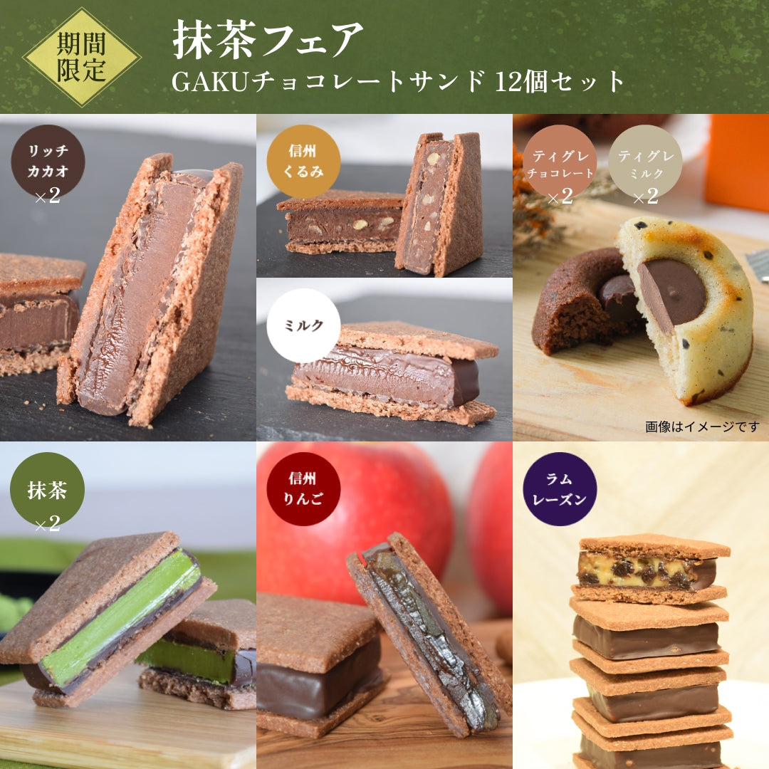 【送料無料】GAKUチョコレートサンド8個（抹茶・リッチカカオ 各2個、ミルク・信州くるみ・信州りんご・ラムレーズン 各1個）+ティグレ4個（チョコ・ミルク 各2個）